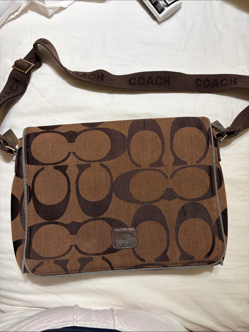 Vintage Coach Brown Signature Canvas Messenger Bag with Dark Brown Strap